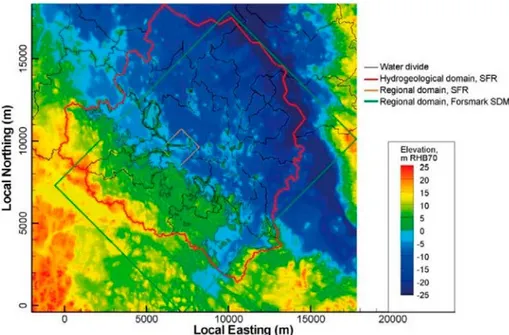 Figure 3: Hydrogeological domain used for SFR hydrogeological modelling (irregular area  outlined in red, along surface-water divides), in relation to the regional domain for the bedrock  site-descriptive modeling in SDM-SFR (orange rectangle) and the regi