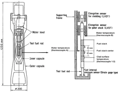 Figure 3: Design of the test capsule and the instrumented fuel rodlet,   used in the NSRR pulse test FK-1