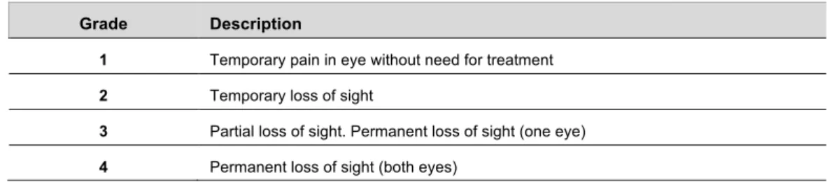 Table 3.3. “Severity of injury” grading scale for eye injuries (Journal of the European Union