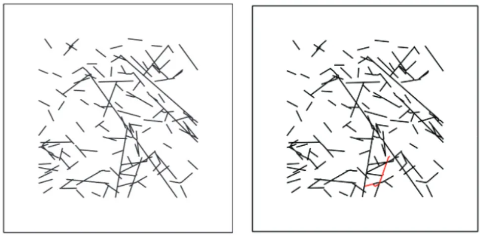 Figure 4.2. Horizontal section. (Left) Initial fracture geometry of FFM01geoDFNr0fixed05_HZ2d  (SH-Sh plane, SH is horizontal)