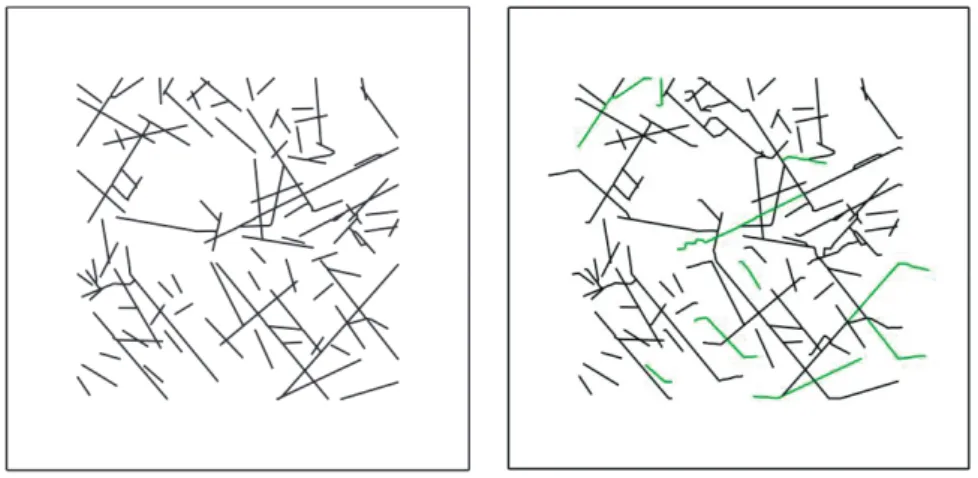 Figure 4.7. Horizontal section. (Left) Initial fracture geometry of FFM01geoDFNr0fixed01_HZ2d  (SH-Sh plane, SH  is horizontal )