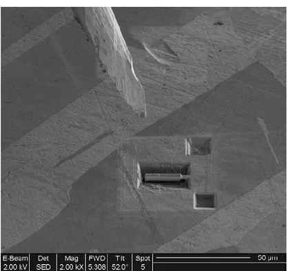 Figure 1. FIB/SEM lift-out sample in the material OFP. The needle seen is the so called om- om-niprobe, which is used to lift out the sample, that can then be sharpened to an APT sample or  thinned to a TEM sample