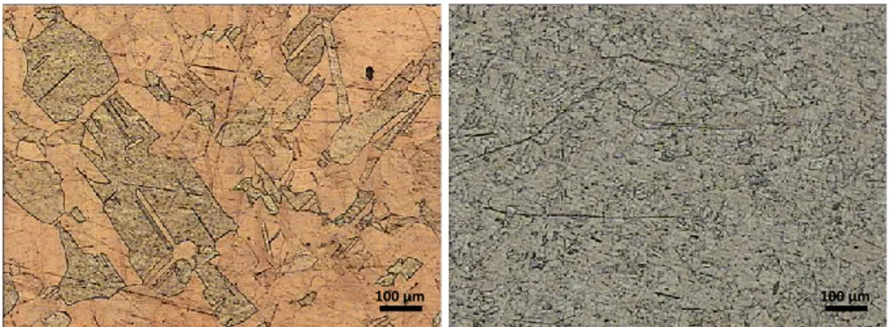 Figure 2. Material OFP to the left, and OFHC to the right. The grain size is much larger in OFP  than in OFHC