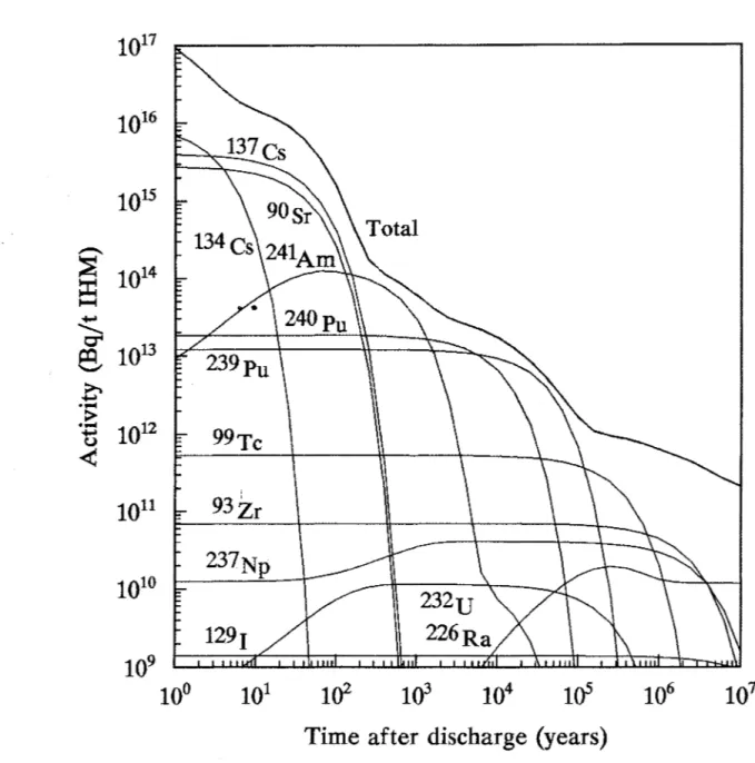 Figure 2.  The radioactivity (in  Bq)  of the radioactive elements in  1 ton  spent PWR fuel