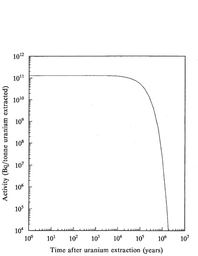 Figure 5.  The activity of mine refuse from production of one ton of natural uranium as function  of time after uranium  extraction