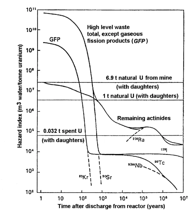 Figure  8.  MPCwanalysis:  Comparison  between  radioactivity  in  high  level  waste  (containing  0.5%  U and  Pu)  per ton reprocessed  spent uranium  BWR  fuel  and  various amounts  of natural  uranium  including daughter products 76RYD)
