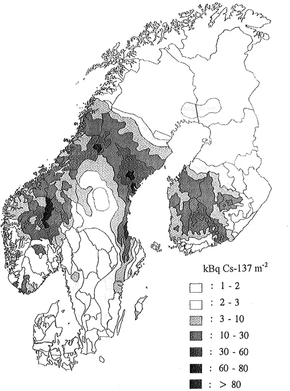 Fig  3  Ground deposition ofCs-137, kBq m 2 ,  in Denmark, Finland, N01way and Sweden 
