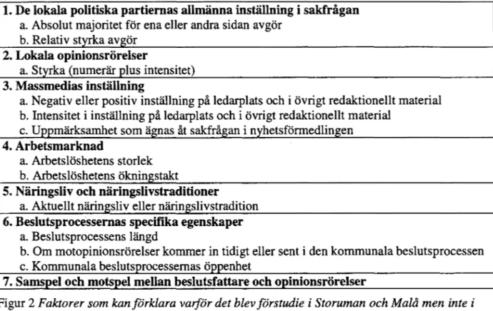 Figur 2  Faktorer som kanförklara varför det blev förstudie  i Storuman och Malå men inte i  Överkalix 