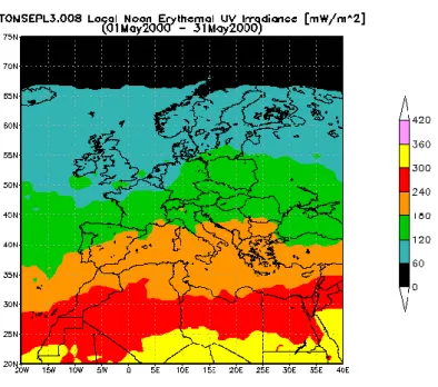 Figur 2. Exempel på erytemviktad UV för maj 2000. Här framgår ett tydligt 