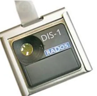 Figur 5: Mirion DIS-1. Dosimeterns mått (exklusive hållaren) är 44 x 41 x 12 mm. 