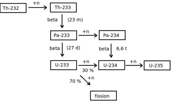 Figur 3:  Omvandlingen från  232 Th till  233 U. Greningskvoten för  233 U är ett genomsnitt för typiska  termiska neutronenergier