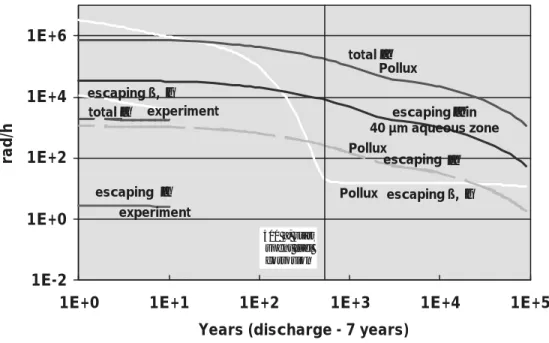 Figure 1: Time dependence of dose rates from spent fuel in experiments (1g in 100 ml solution) and for a water filled Pollux container with 4 tons of fuel