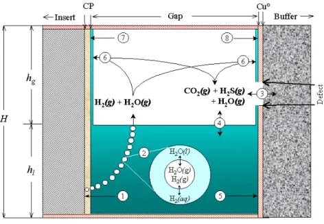 Figure 1.  Schematic diagram of chemical and transport processes in the region of the annular gap considered in the canister-defect assessment model (Fig