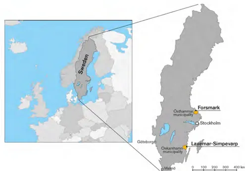 Figure 1.1 Location of Forsmark and Laxemar-Simpevarp sites in Sweden (from SKB R-08-95, Figure 1-1).