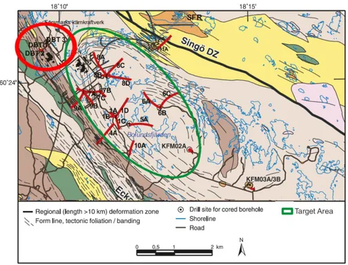 Figure 5:   Map of the Forsmark site showing the locations of the cored boreholes, from Figure 