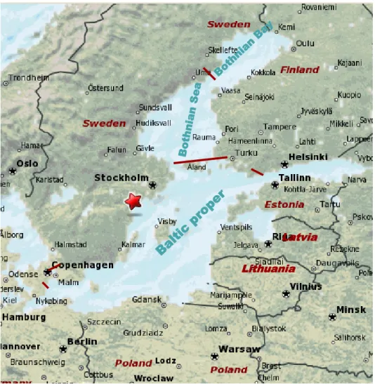 Figure 8. The Baltic Sea, the Studsvik site (red star) and surrounding Member  States