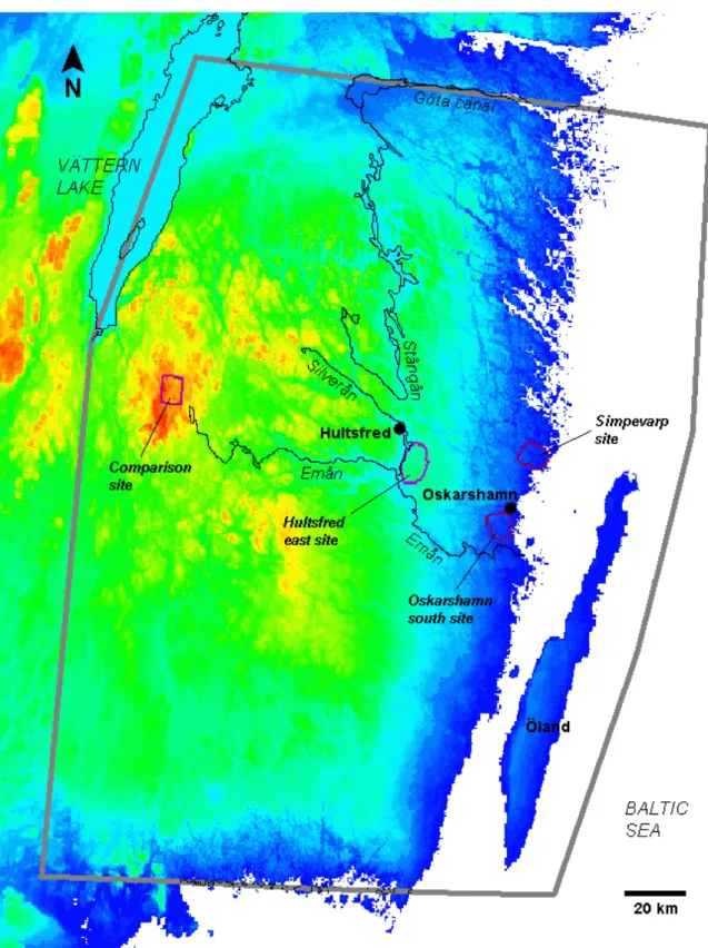 Figure 4.  Color topographic map of modeled area in southeastern Sweden showing potential