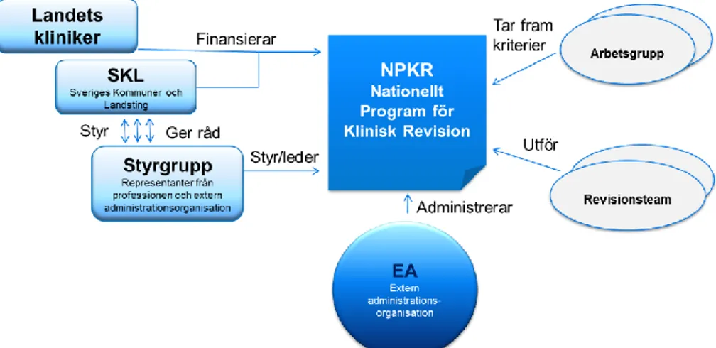 Fig. 6. Schematisk bild över den föreslagna modellen för klinisk revision av strålbehandlings- strålbehandlings-verksamhet i Sverige