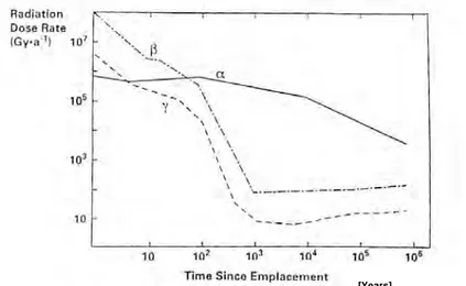 Figure 1. Evolution of α-, β-, γ-radiation field of spent nuclear fuel as a function of  time after the emplacement of the fuel