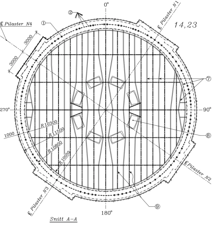 Fig. 12.2 Barsebäck I, vy över över bottenplattan och sektion A-A genom den nedre delen av ineslutningscylindern