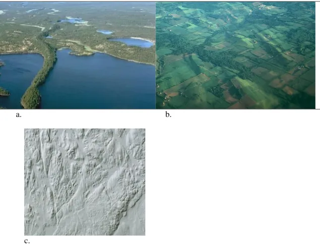 Figure 4. Example of linear landforms formed during glaciation: a. Esker, b. drumlins, and c