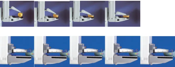 Figure 4. A bi-directional compression system (the uppermost series of images ) and a compression system with  moving radiolucent sheets, which pull the breast into the imaging field during compression (the bottom series of  images)