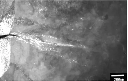 Figure 6. A dark field image of streaks emanating from a tip of a crack. x50k.