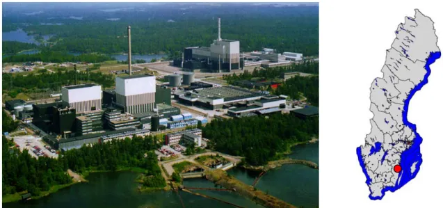 Figure 1: Oskarshamn nuclear power station to the left and an overview map over Sweden to the right with the study area marked with red.
