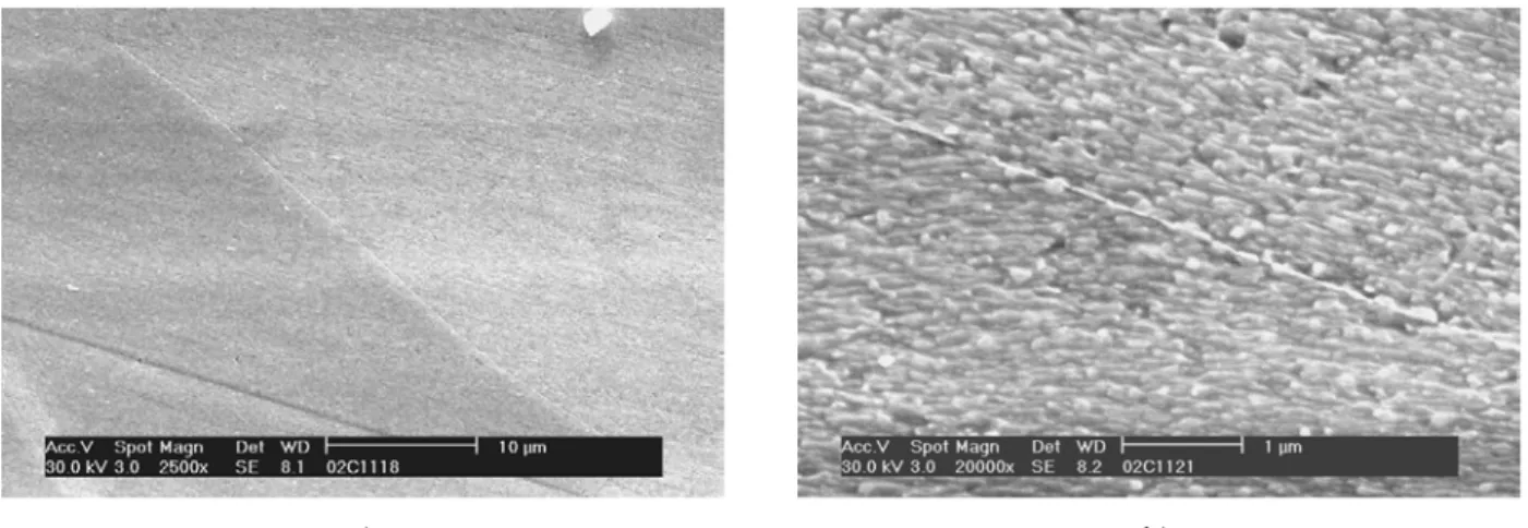 Fig 15. Microstructure of the as-received material after electropolish and slight etch; a) grain boundaries and b) detail of a grain boundary as it can be seen in SEM.