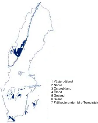 Figur 2.1 Förekomst av alunskiffer i Sverige. 