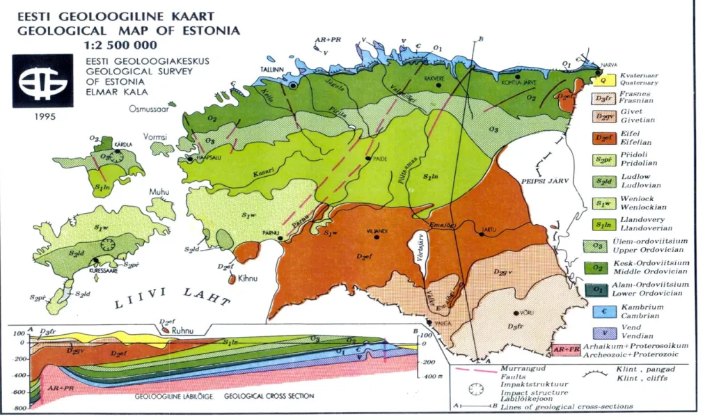 Figure 2. Geological map of  the Estonian bedrock. (Eesti Geoloogiakeskus, Tallin. 1999)