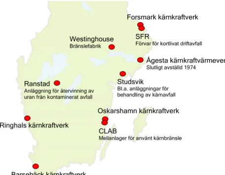 Figur 2 Kärntekniska anläggningar i Sverige (Källa: SSI)  