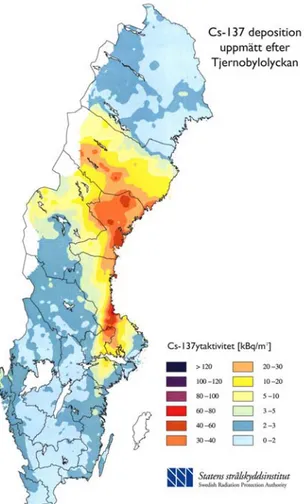 Figur 3 Nedfallet av radioaktivt cesium (Cs-137) i Sverige efter Tjernobylolyckan  (Källa:  SSI) 