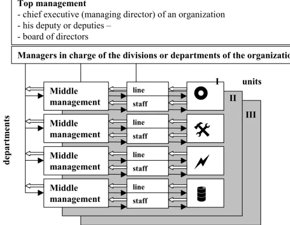 Figure 2: The figure shows a schematic example of how management can de described  on different levels (top-, middle-, line/staff-management)