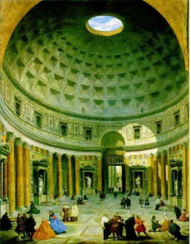 Figur 1: Betongkupolen i Pantheon i Rom, byggd ca år 125. Här återgiven av 1700- 1700-talsmålaren Giovanni Paolo Panini