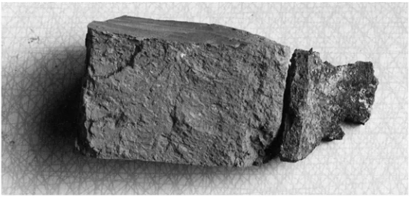 Figure 2.2.1_2. Photograph of altered Fo-Ca 7 clay from the Stripa tests. The darkened region  to the right of the sample was nearest the canister