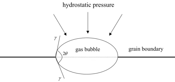 Figure 2.13: Sketch of a lenticular intergranular gas bubble subjected to a hydrostatic  pressure