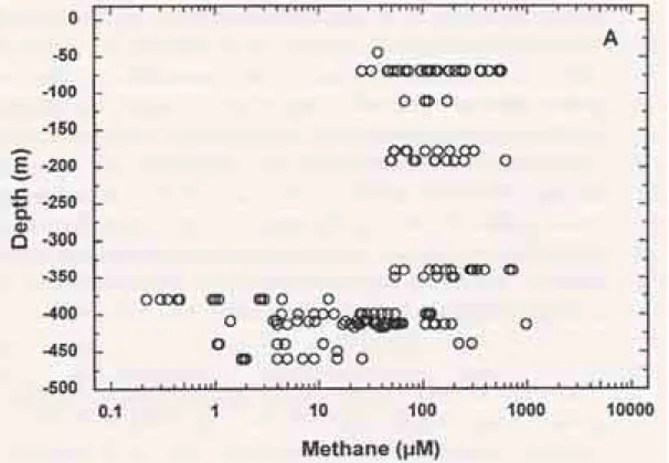 Figure 7.    Methane concentrations in the groundwater at the Äspö site at different  depths in the granitic bedrock (from Kotelnikova and Pedersen, 1998)