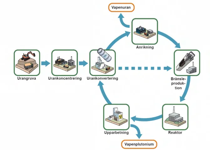 Figur 1. Kärnbränslecykelns olika steg. Copyright © 2005 Totalförsvarets forskningsinstitut 