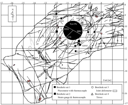 Figure 1.3: Mapped fractures on the floor of the test pit and monitoring boreholes. 