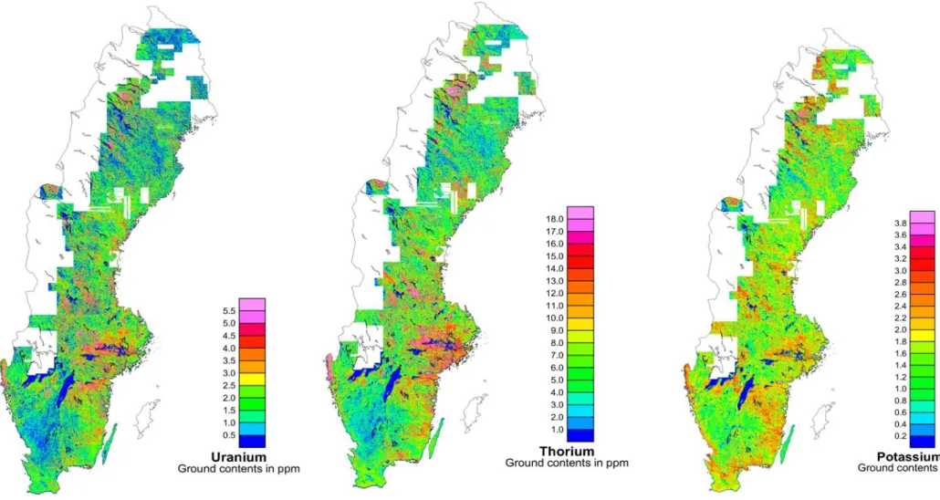 Figure 1 Concentration of equivalent uranium (ppm), thorium(ppm) and potassium (%) in the upper 0.2 meters of the ground (soil, bedrock and  peat)