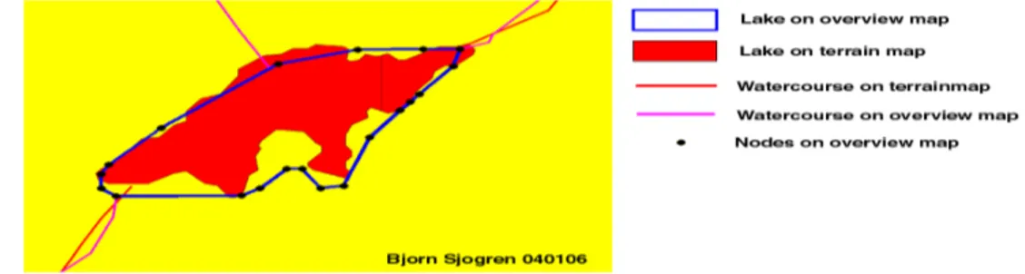 Figure 5. Comparison of lake definition on ”Gröna kartan” (red area) and ”Röda  kartan” (polygon in blue lines)