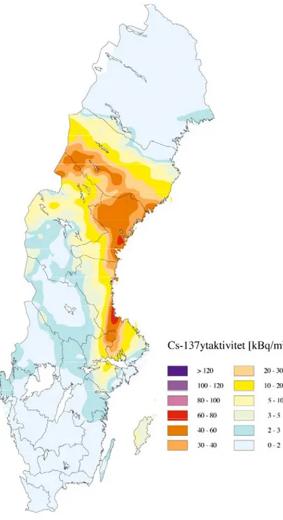 Figur 1. Markdeponeringen av  137 Cs från Tjernobylnedfallet baserat på flygmätningar av gammastrålning  som gjordes av SGAB under de sex första månaderna efter nedfallet (flygradiometriska databasen, ©  Sveri-ges geologiska undersökning (SGU))