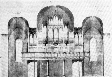 Fig.  4.  Ritning  till  orgelfasad  i  Strängnäs  domkyrka  a v  professor  Blom-  Carlsson,  gillad  av  Overintendentsämbetet,  1858 