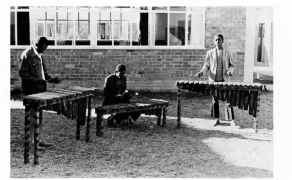 Fig.  2.  Two tenor marimbas and one treble marima employed in ensemble playing. 