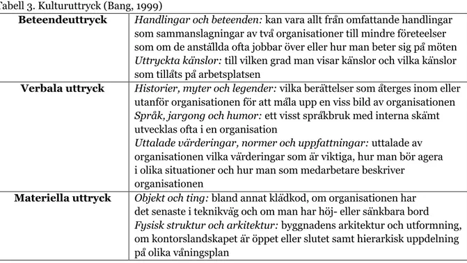 Tabell 3. Kulturuttryck (Bang, 1999) 