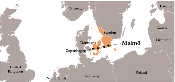 Figure 1.1:  A simplified map showing Malmö’s position in northern Europe. The Greater Copenhagen  area is marked in orange
