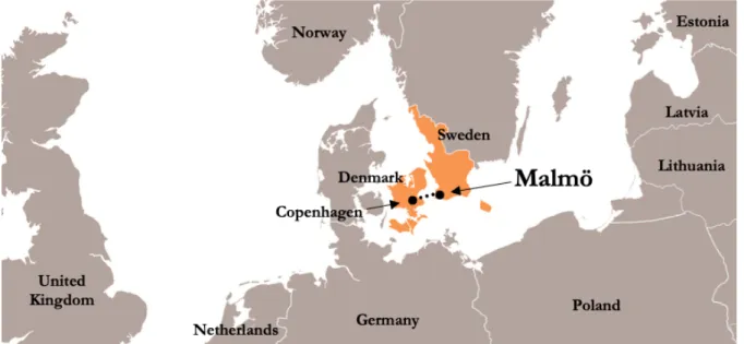 Figure  1:   A  map  showing  Malmö’s  position  in  northern  Europe.  The  Greater  Copenhagen  area  is  marked in orange