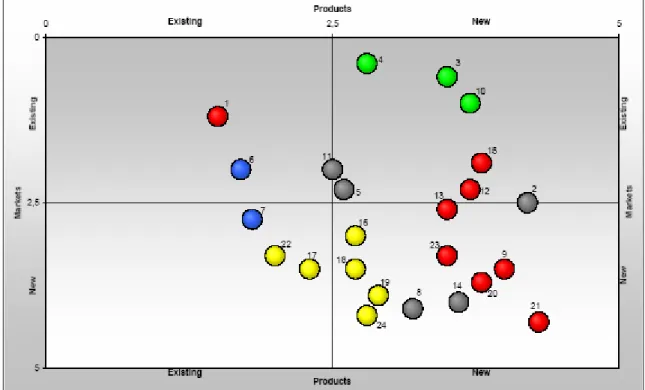 Figure 14. The figure shows the Ansoff Matrix of selected applications sorted in business areas – the  colours Racing (green), Seals (red), Automotive Components (yellow), Check Valve Balls (blue)  indicating each area