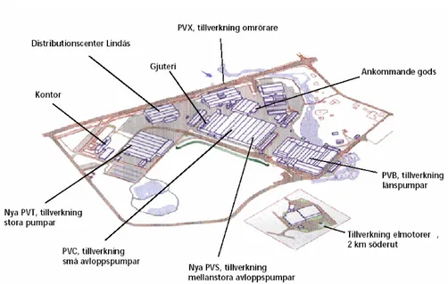 Figur 1.1 Karta över fabriksområdet i Lindås Källa: ITT Flygts intranät 